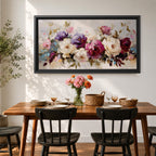 Panoramic painting of a lush bouquet of pink, cream, and purple flowers with expressive textured brushstrokes.