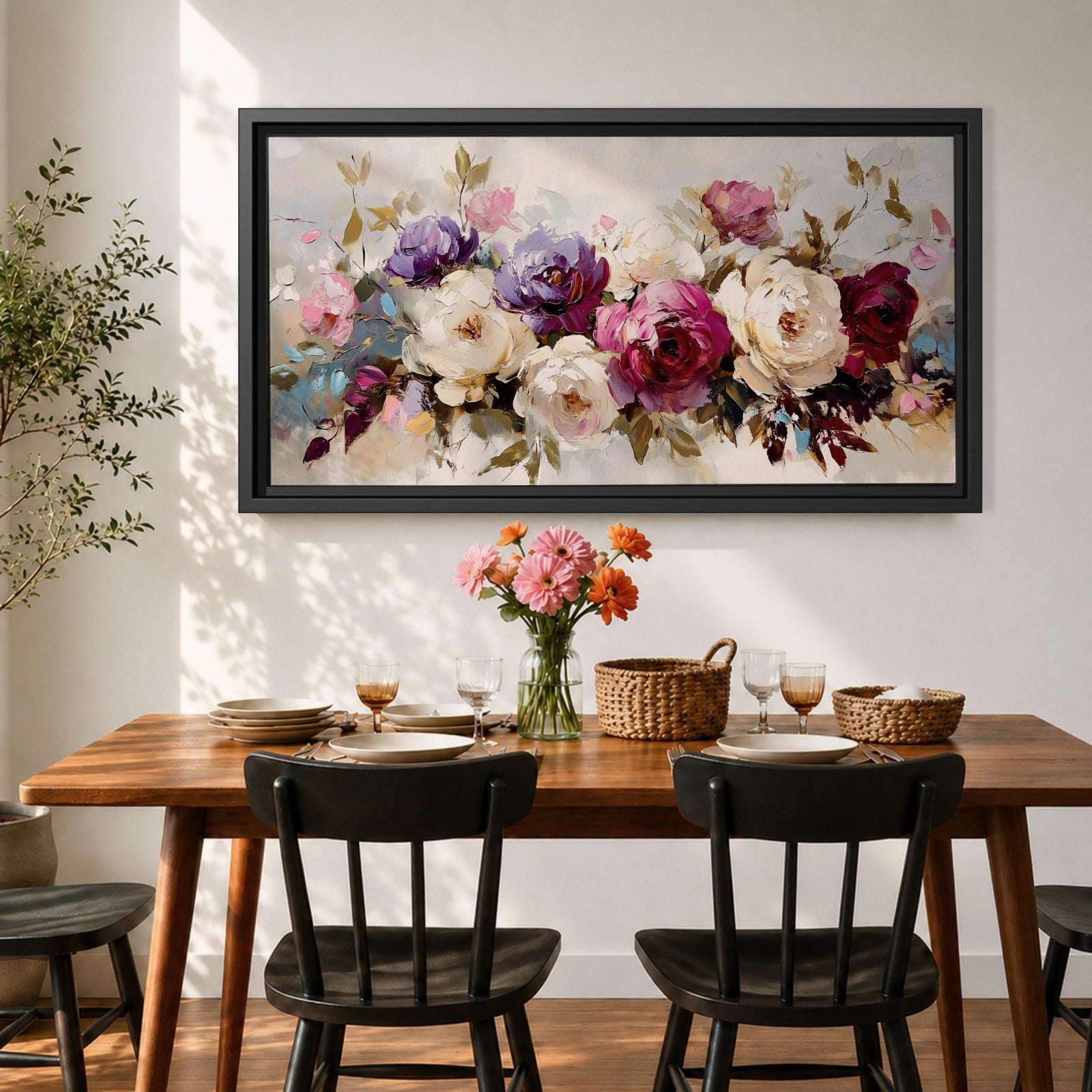 Panoramic painting of a lush bouquet of pink, cream, and purple flowers with expressive textured brushstrokes.