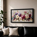 Panoramic painting of a lush bouquet of pink, cream, and purple flowers with expressive textured brushstrokes.