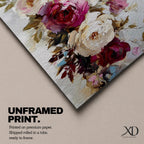 Panoramic painting of a lush bouquet of pink, cream, and purple flowers with expressive textured brushstrokes.