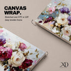 Panoramic painting of a lush bouquet of pink, cream, and purple flowers with expressive textured brushstrokes.