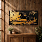 Panoramic painting of a powerful black horse galloping across a golden desert landscape with a palm tree.