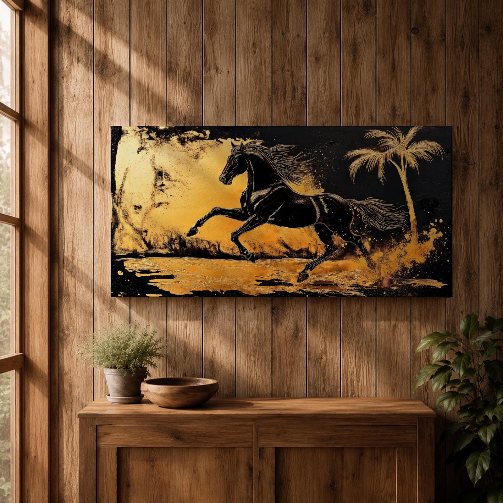 Panoramic painting of a powerful black horse galloping across a golden desert landscape with a palm tree.
