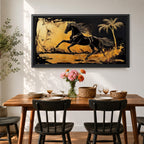 Panoramic painting of a powerful black horse galloping across a golden desert landscape with a palm tree.