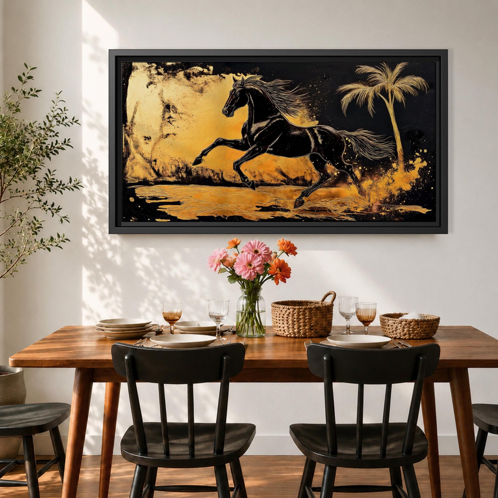 Panoramic painting of a powerful black horse galloping across a golden desert landscape with a palm tree.