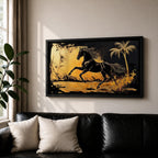 Panoramic painting of a powerful black horse galloping across a golden desert landscape with a palm tree.