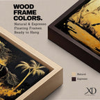 Panoramic painting of a powerful black horse galloping across a golden desert landscape with a palm tree.
