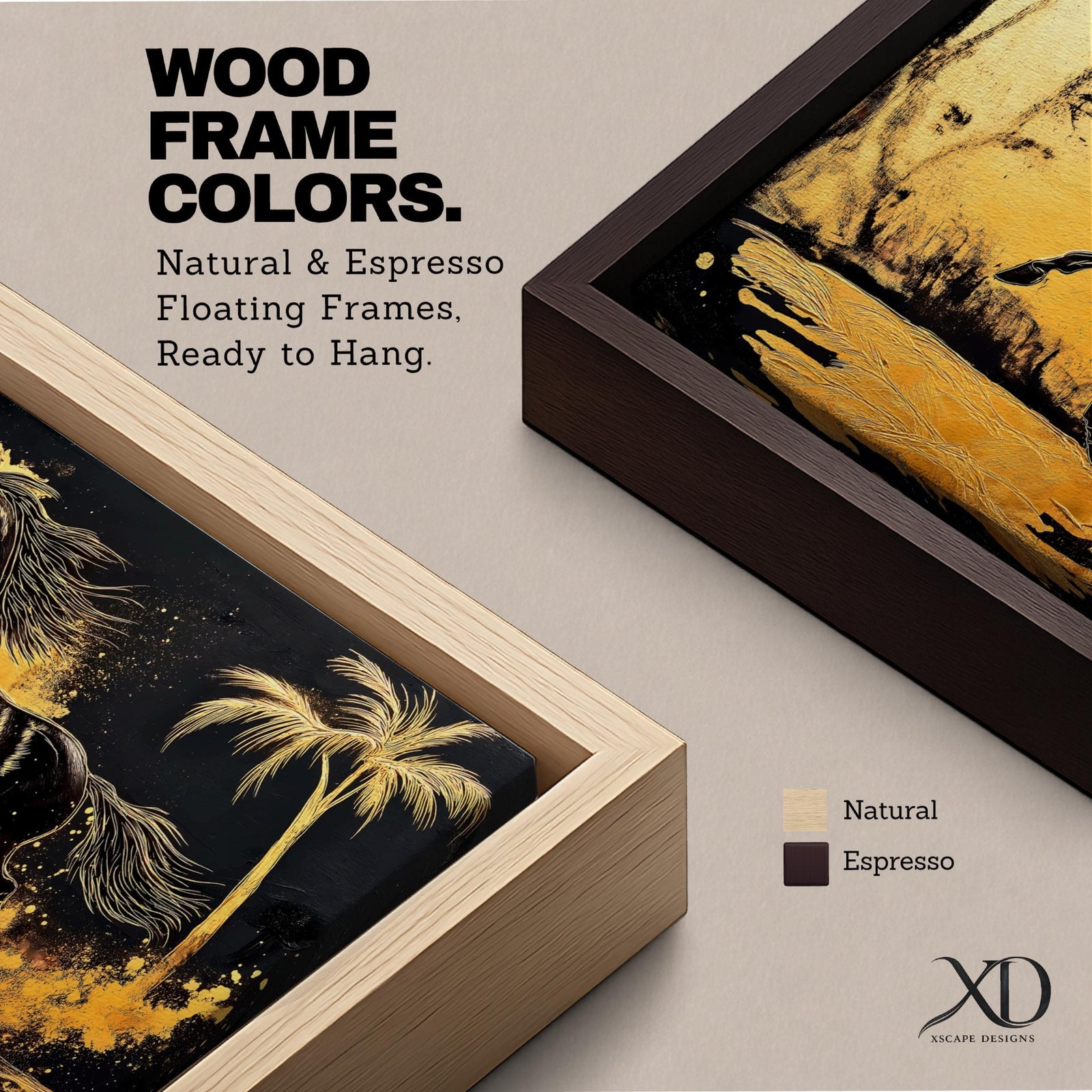Panoramic painting of a powerful black horse galloping across a golden desert landscape with a palm tree.