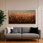 Panoramic painting of a rustic meadow filled with wildflowers and tall grasses in warm earthy tones.