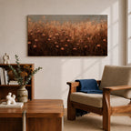 Panoramic painting of a rustic meadow filled with wildflowers and tall grasses in warm earthy tones.
