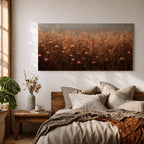 Panoramic painting of a rustic meadow filled with wildflowers and tall grasses in warm earthy tones.