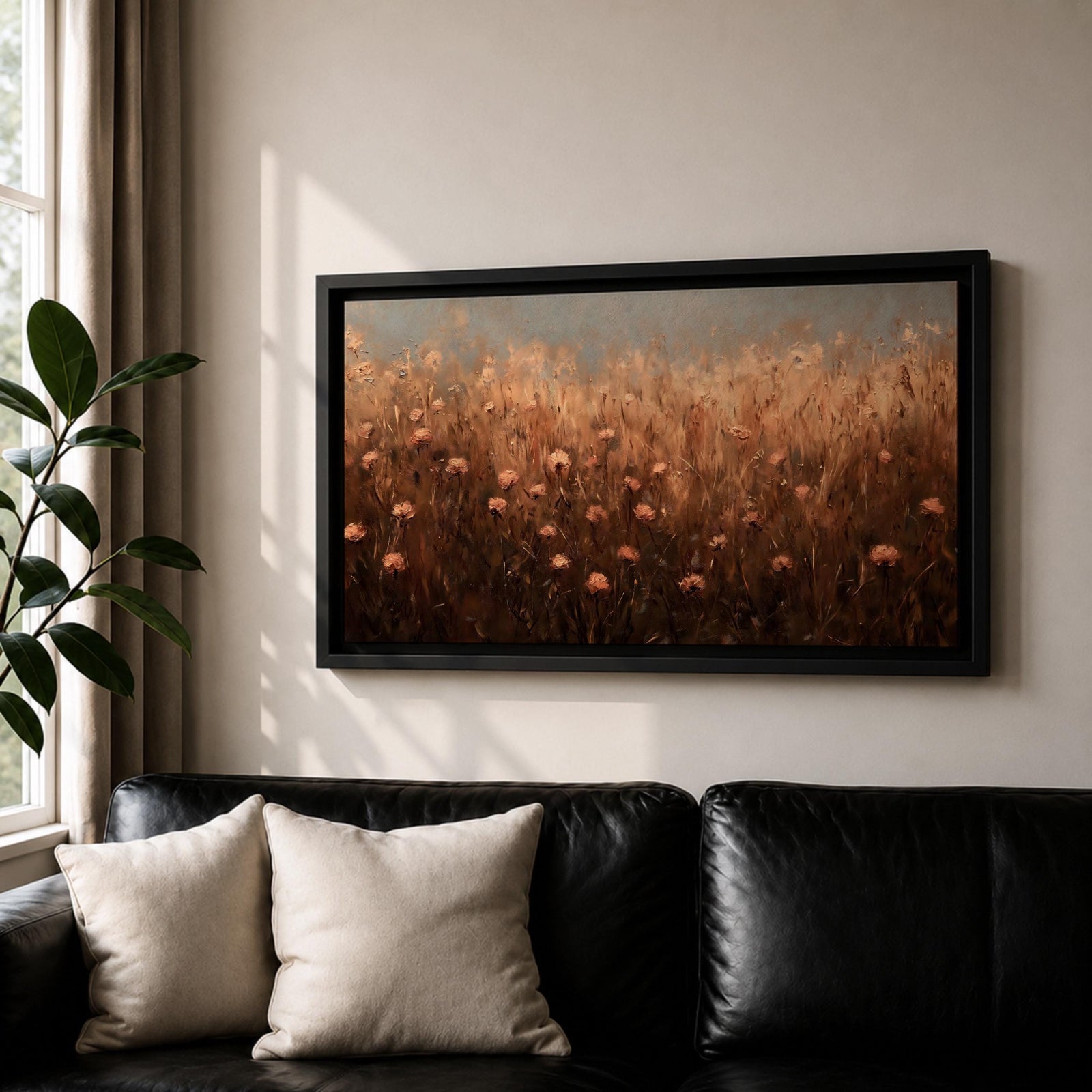 Panoramic painting of a rustic meadow filled with wildflowers and tall grasses in warm earthy tones.