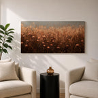Panoramic painting of a rustic meadow filled with wildflowers and tall grasses in warm earthy tones.
