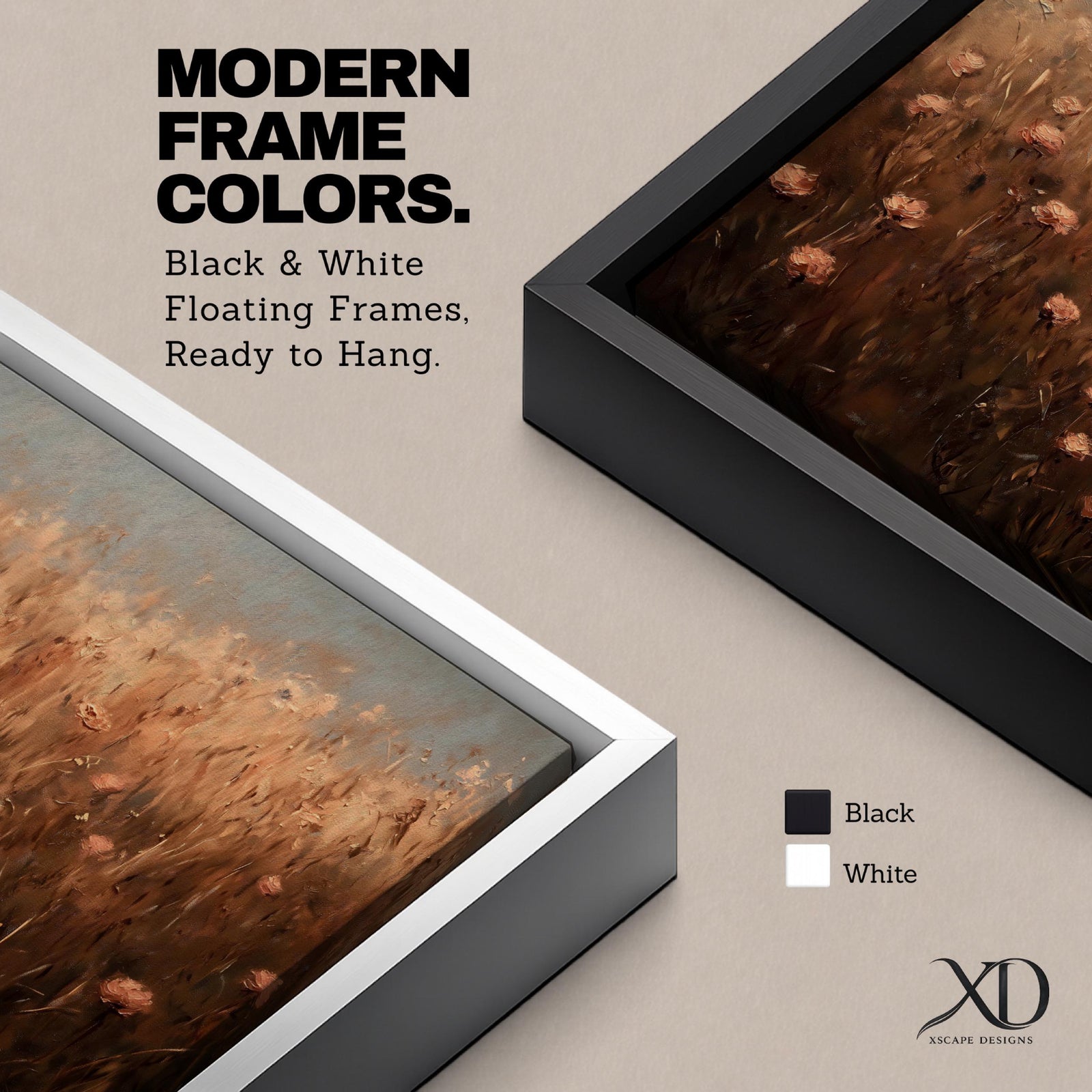 Panoramic painting of a rustic meadow filled with wildflowers and tall grasses in warm earthy tones.