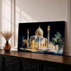 Panoramic painting of the Taj Mahal illuminated at night with glowing arches and golden dome.