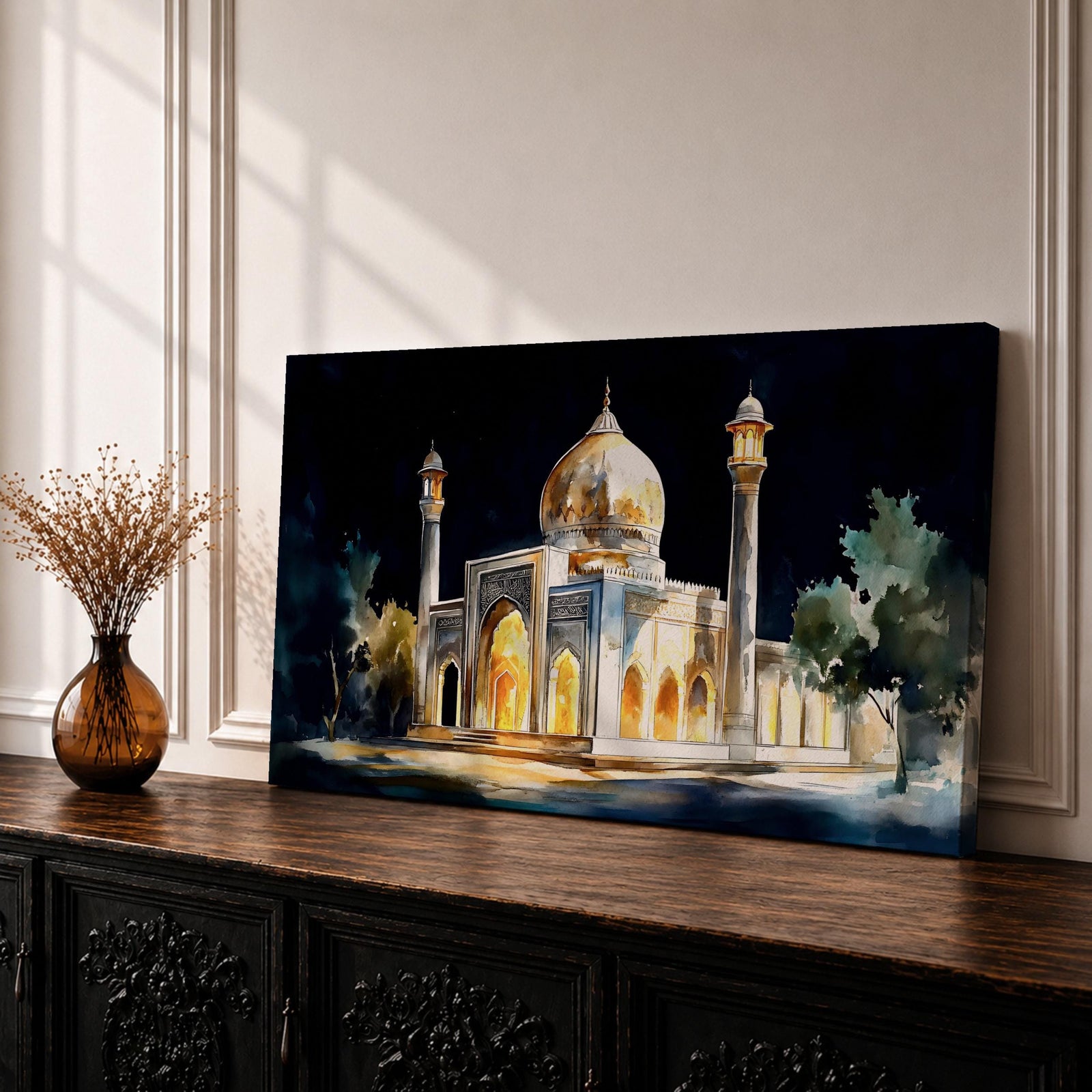 Panoramic painting of the Taj Mahal illuminated at night with glowing arches and golden dome.