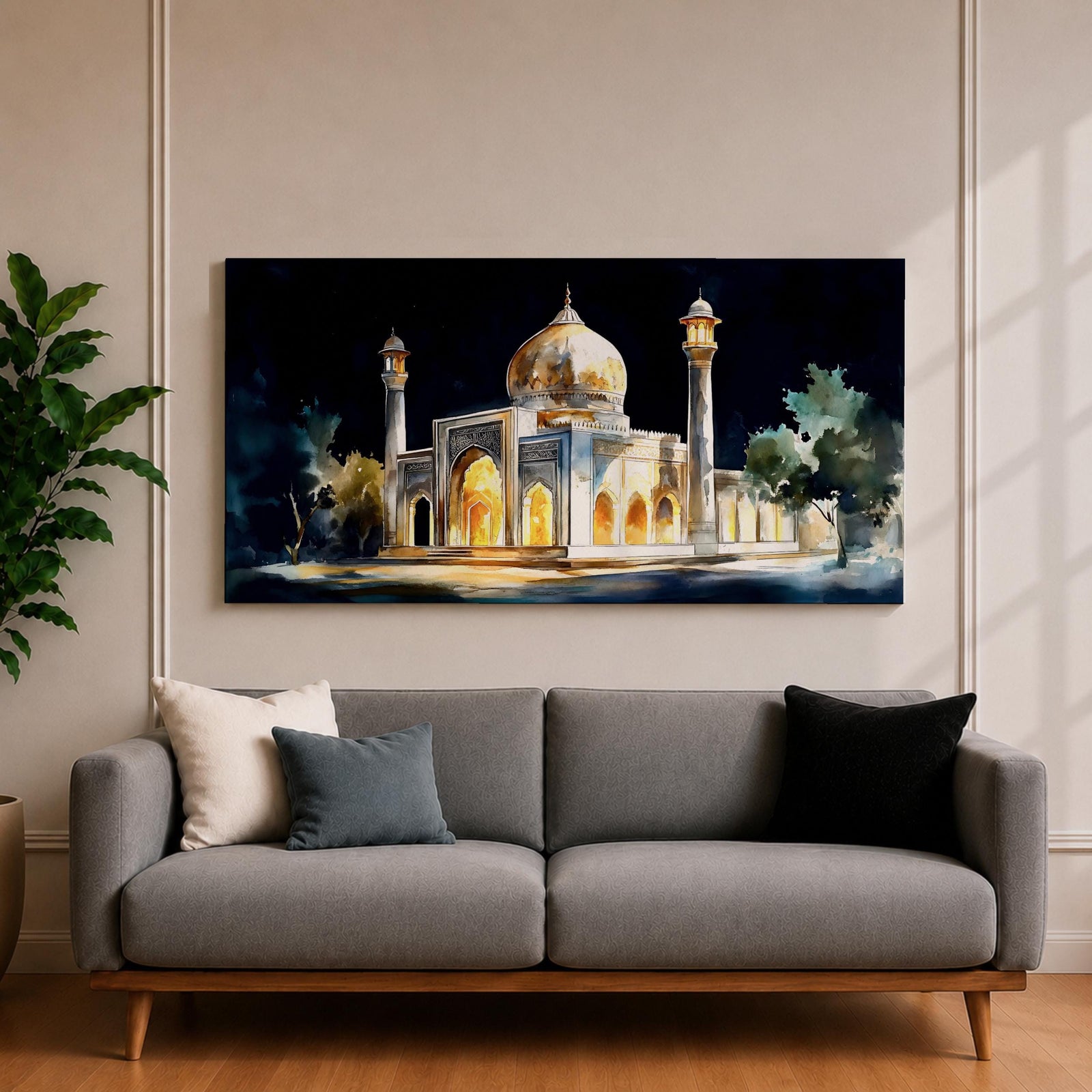 Panoramic painting of the Taj Mahal illuminated at night with glowing arches and golden dome.