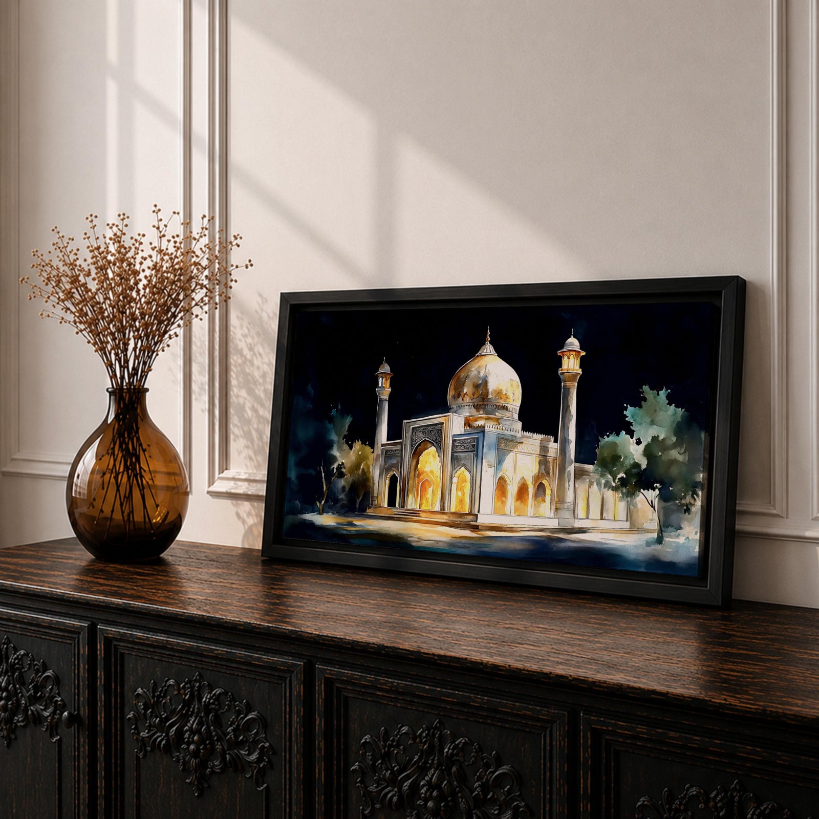 Panoramic painting of the Taj Mahal illuminated at night with glowing arches and golden dome.