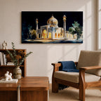 Panoramic painting of the Taj Mahal illuminated at night with glowing arches and golden dome.