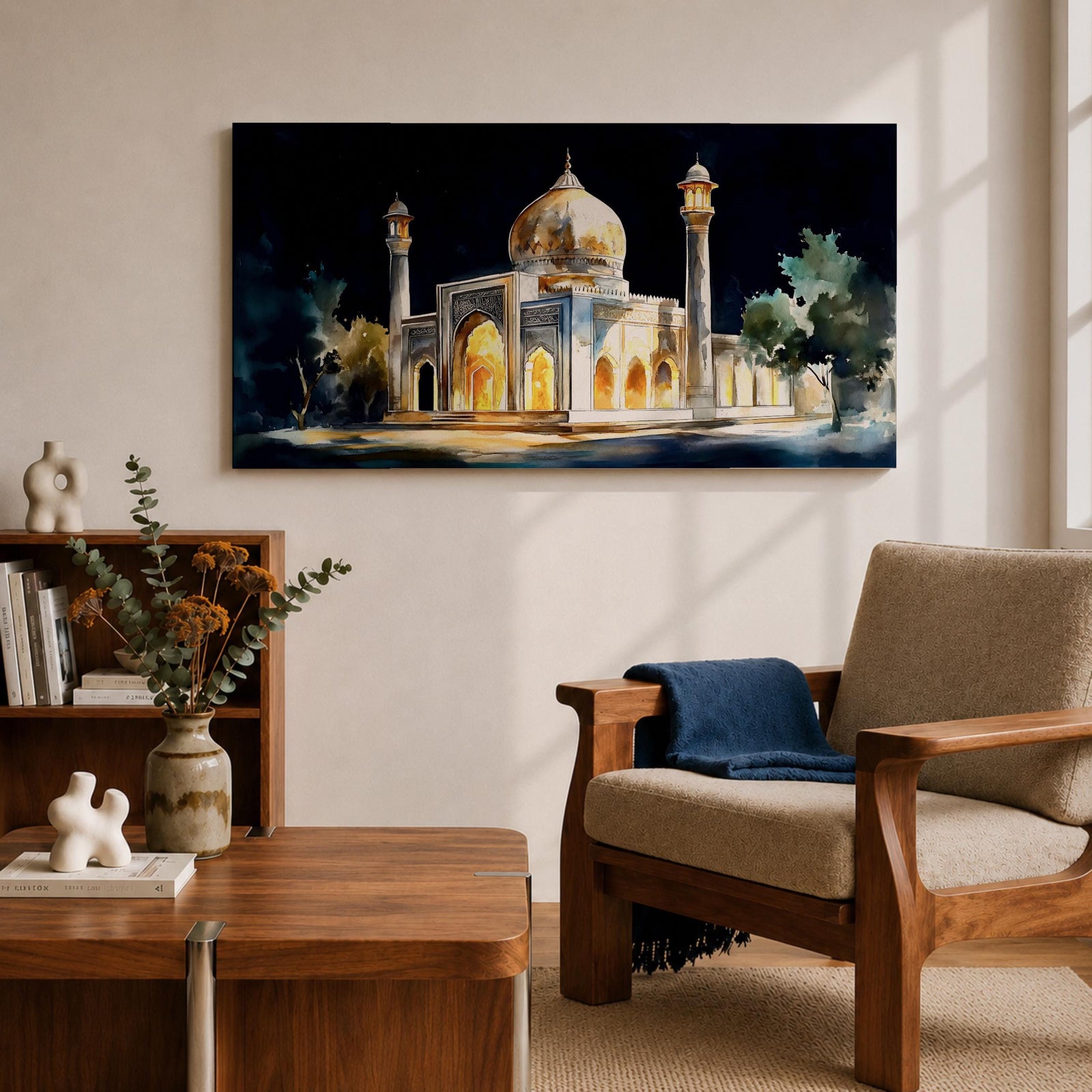 Panoramic painting of the Taj Mahal illuminated at night with glowing arches and golden dome.