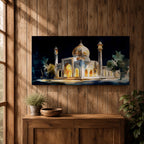 Panoramic painting of the Taj Mahal illuminated at night with glowing arches and golden dome.