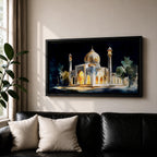 Panoramic painting of the Taj Mahal illuminated at night with glowing arches and golden dome.