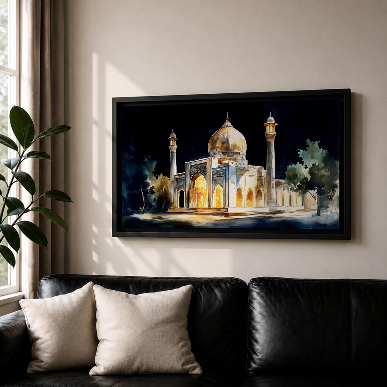 Panoramic painting of the Taj Mahal illuminated at night with glowing arches and golden dome.