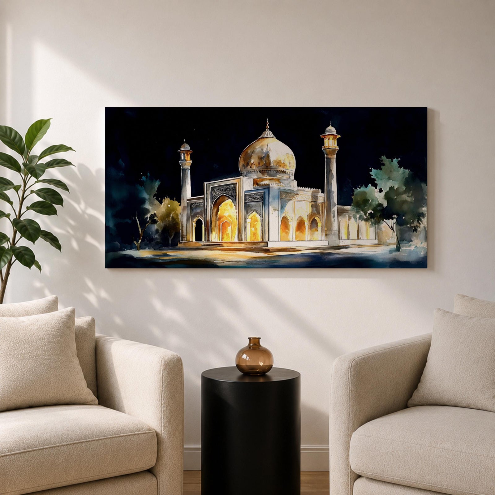 Panoramic painting of the Taj Mahal illuminated at night with glowing arches and golden dome.