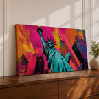 Panoramic pop art painting of the Statue of Liberty with colorful New York skyscrapers and vibrant urban background.