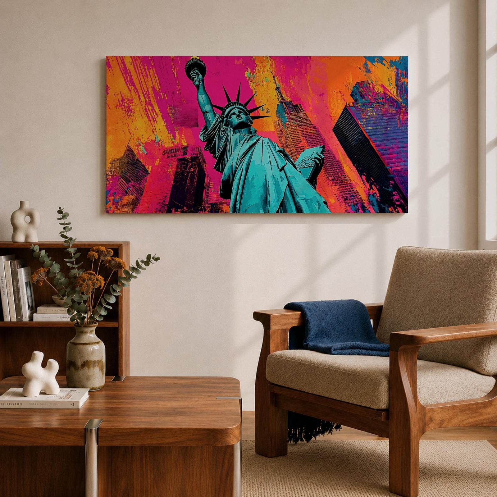 Panoramic pop art painting of the Statue of Liberty with colorful New York skyscrapers and vibrant urban background.