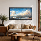 A panoramic seascape painting showing rolling ocean waves moving toward a sandy shoreline beneath a wide sky filled with soft clouds and warm light. The composition stretches across the horizon with textured brushstrokes capturing movement in the water and subtle reflections of blue, white and golden tones across the sea.
