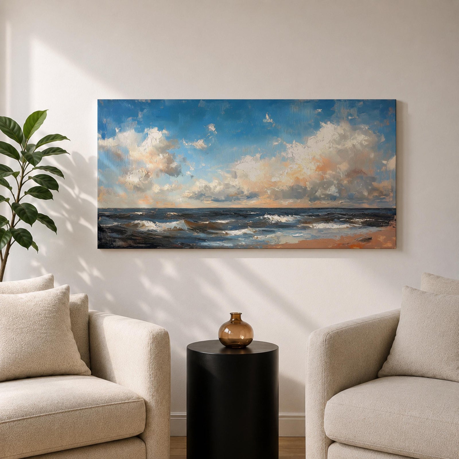 A panoramic seascape painting showing rolling ocean waves moving toward a sandy shoreline beneath a wide sky filled with soft clouds and warm light. The composition stretches across the horizon with textured brushstrokes capturing movement in the water and subtle reflections of blue, white and golden tones across the sea.