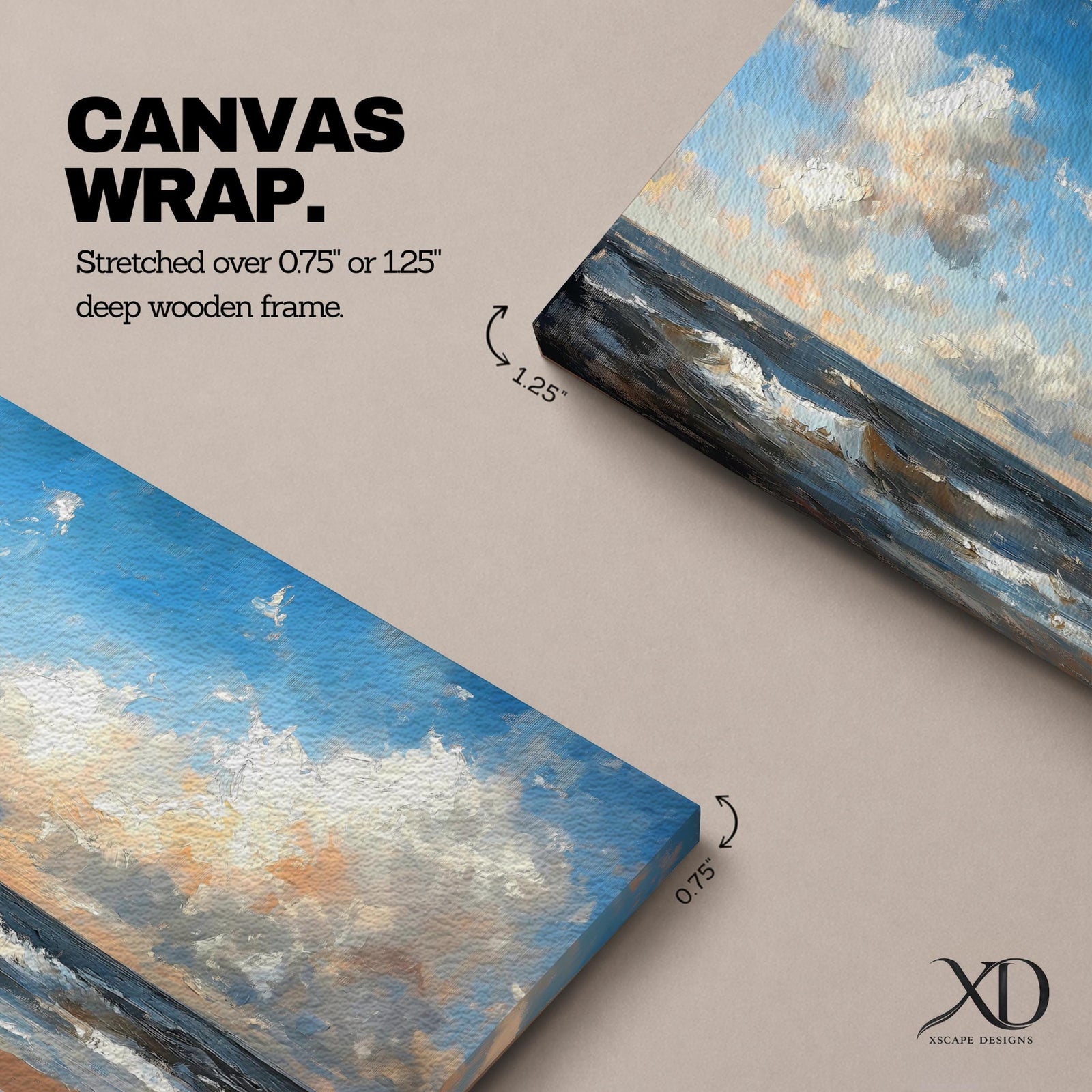 A panoramic seascape painting showing rolling ocean waves moving toward a sandy shoreline beneath a wide sky filled with soft clouds and warm light. The composition stretches across the horizon with textured brushstrokes capturing movement in the water and subtle reflections of blue, white and golden tones across the sea.