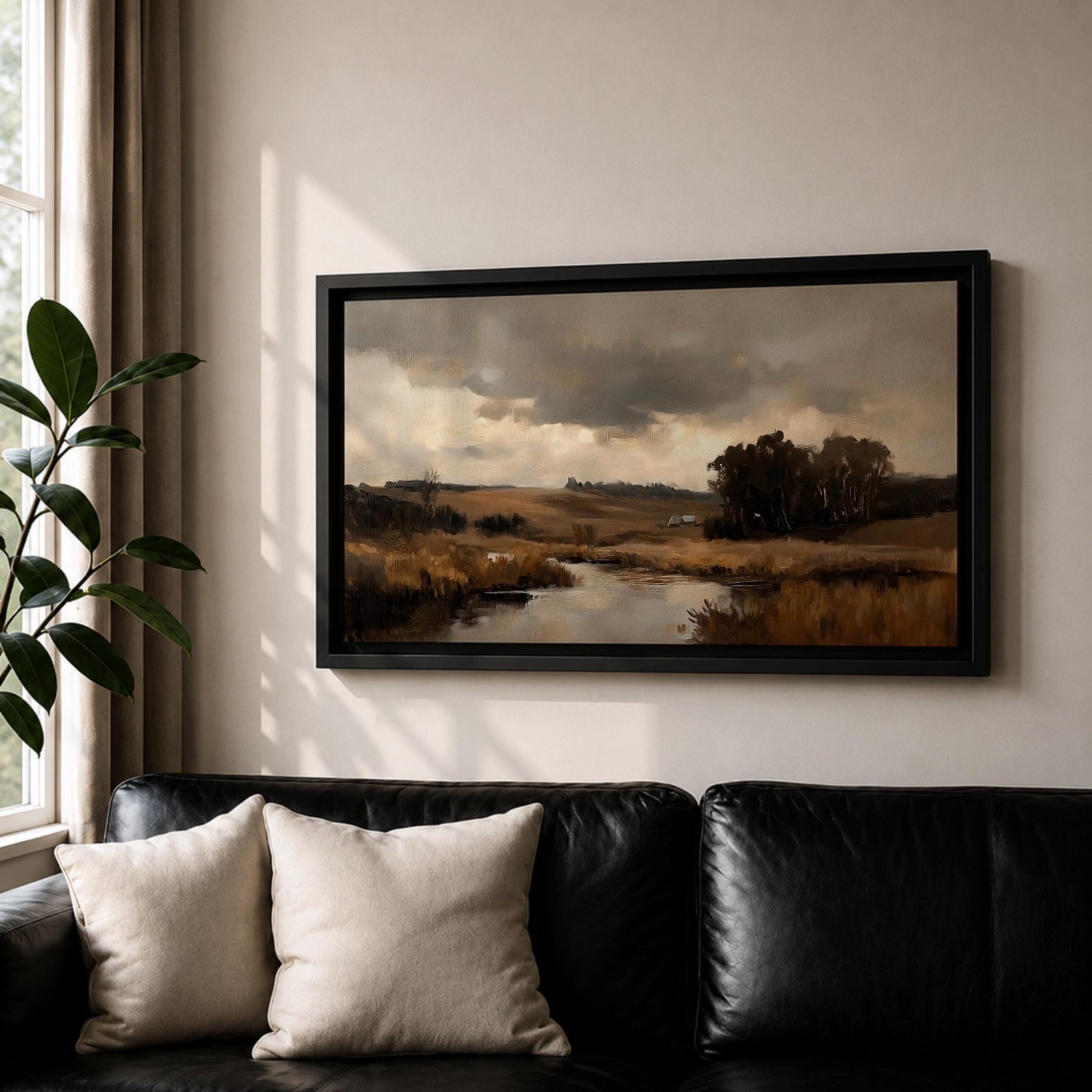 A panoramic countryside river landscape painting featuring a calm winding stream flowing through open rural fields with tall golden grasses and a distant farmhouse near a cluster of dark trees beneath a dramatic cloudy sky. The scene uses earthy browns and muted greens with soft painterly brushstrokes capturing a quiet pastoral prairie setting.
