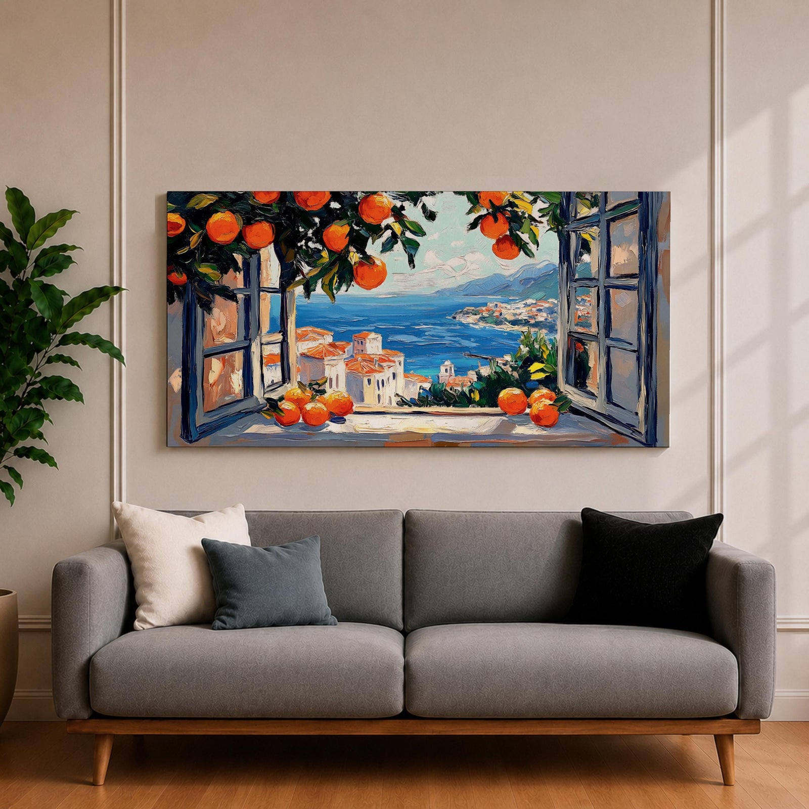 Panoramic painting of an open window overlooking a Mediterranean seaside village with orange trees and blue ocean.