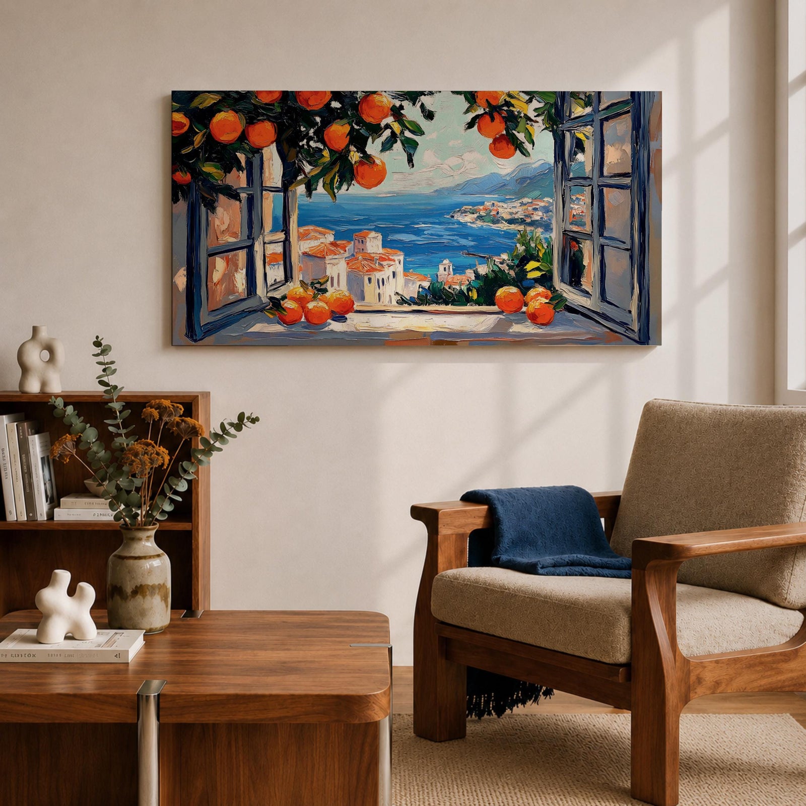 Panoramic painting of an open window overlooking a Mediterranean seaside village with orange trees and blue ocean.