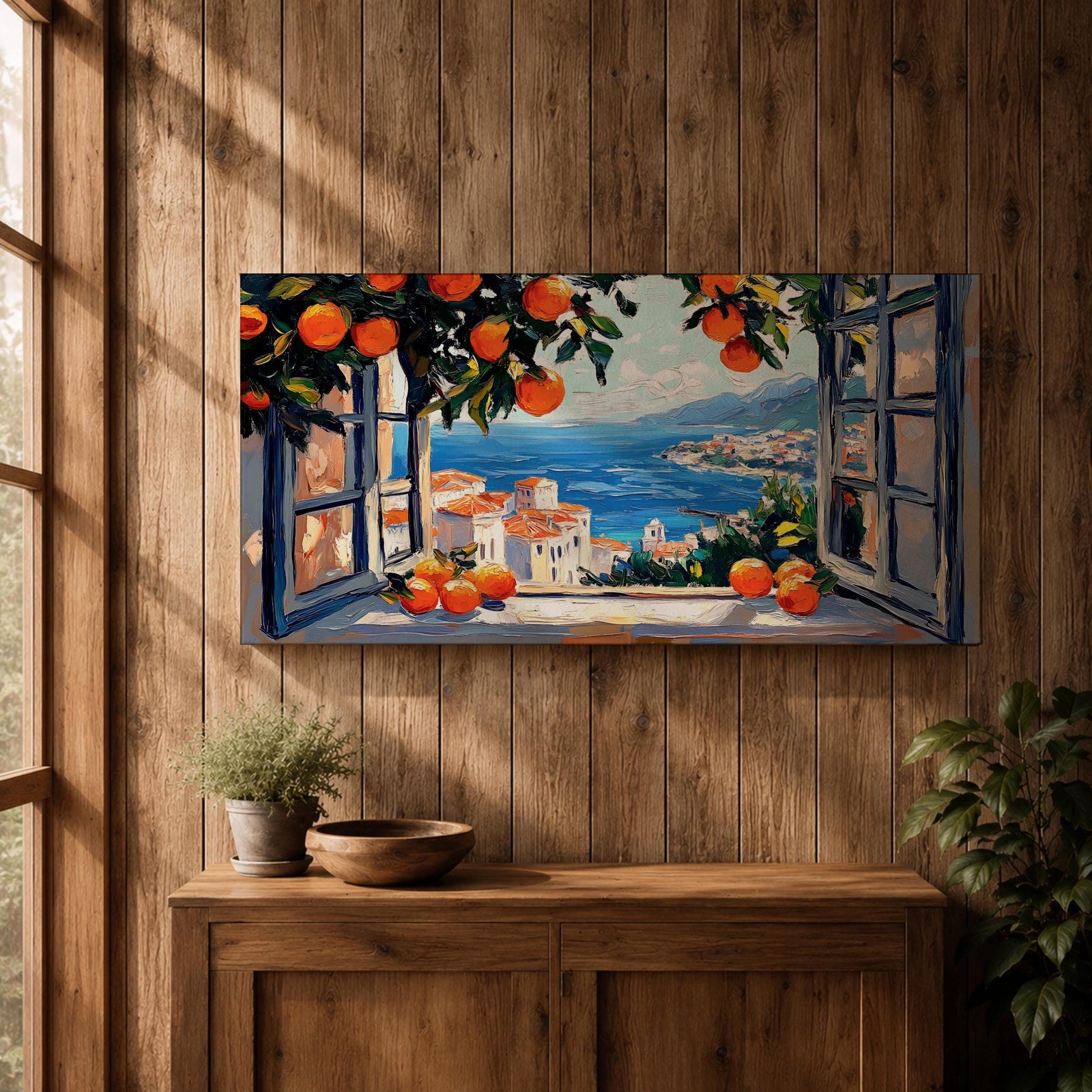 Panoramic painting of an open window overlooking a Mediterranean seaside village with orange trees and blue ocean.