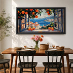 Panoramic painting of an open window overlooking a Mediterranean seaside village with orange trees and blue ocean.