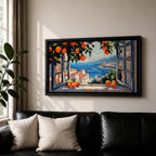Panoramic painting of an open window overlooking a Mediterranean seaside village with orange trees and blue ocean.