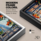 Panoramic painting of an open window overlooking a Mediterranean seaside village with orange trees and blue ocean.