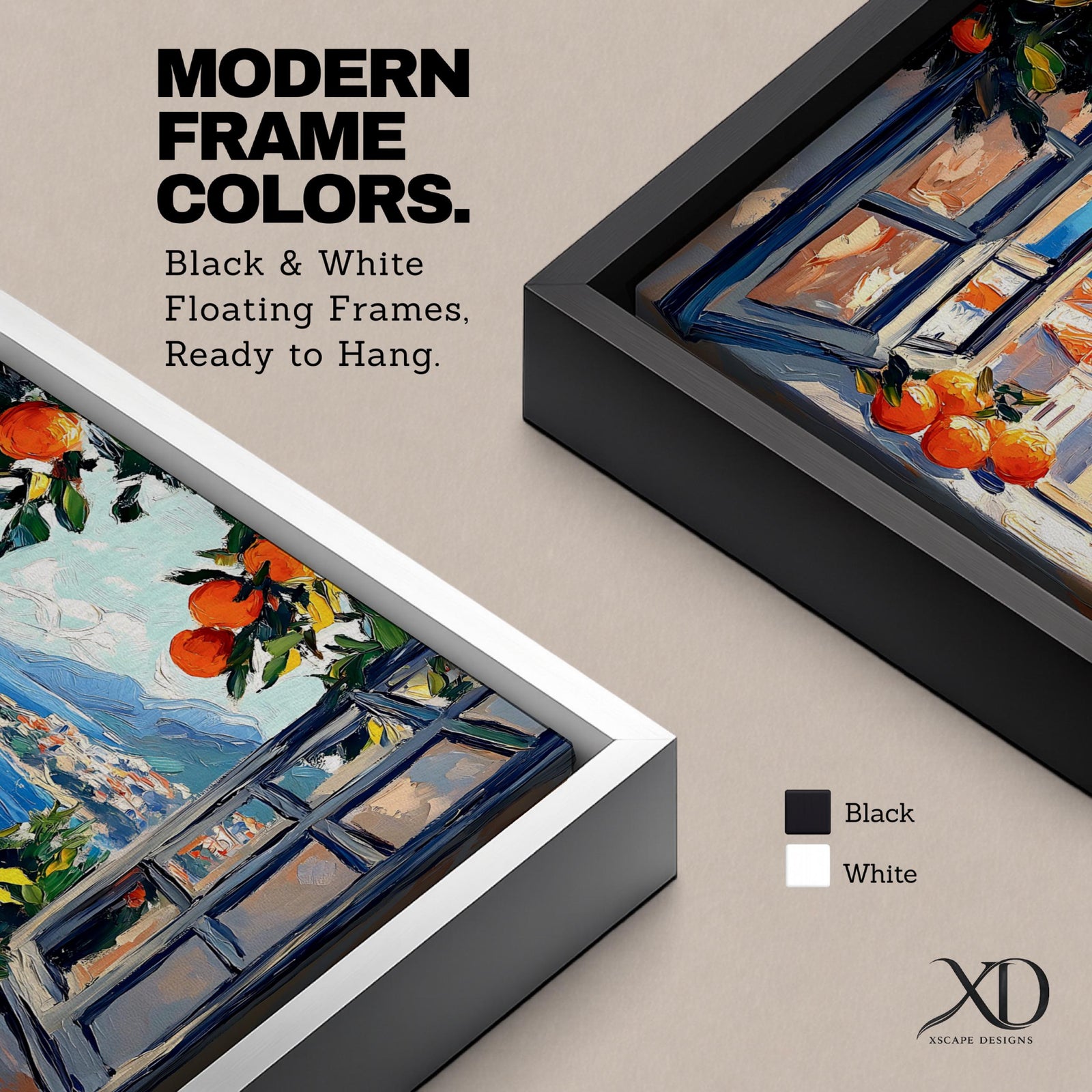 Panoramic painting of an open window overlooking a Mediterranean seaside village with orange trees and blue ocean.
