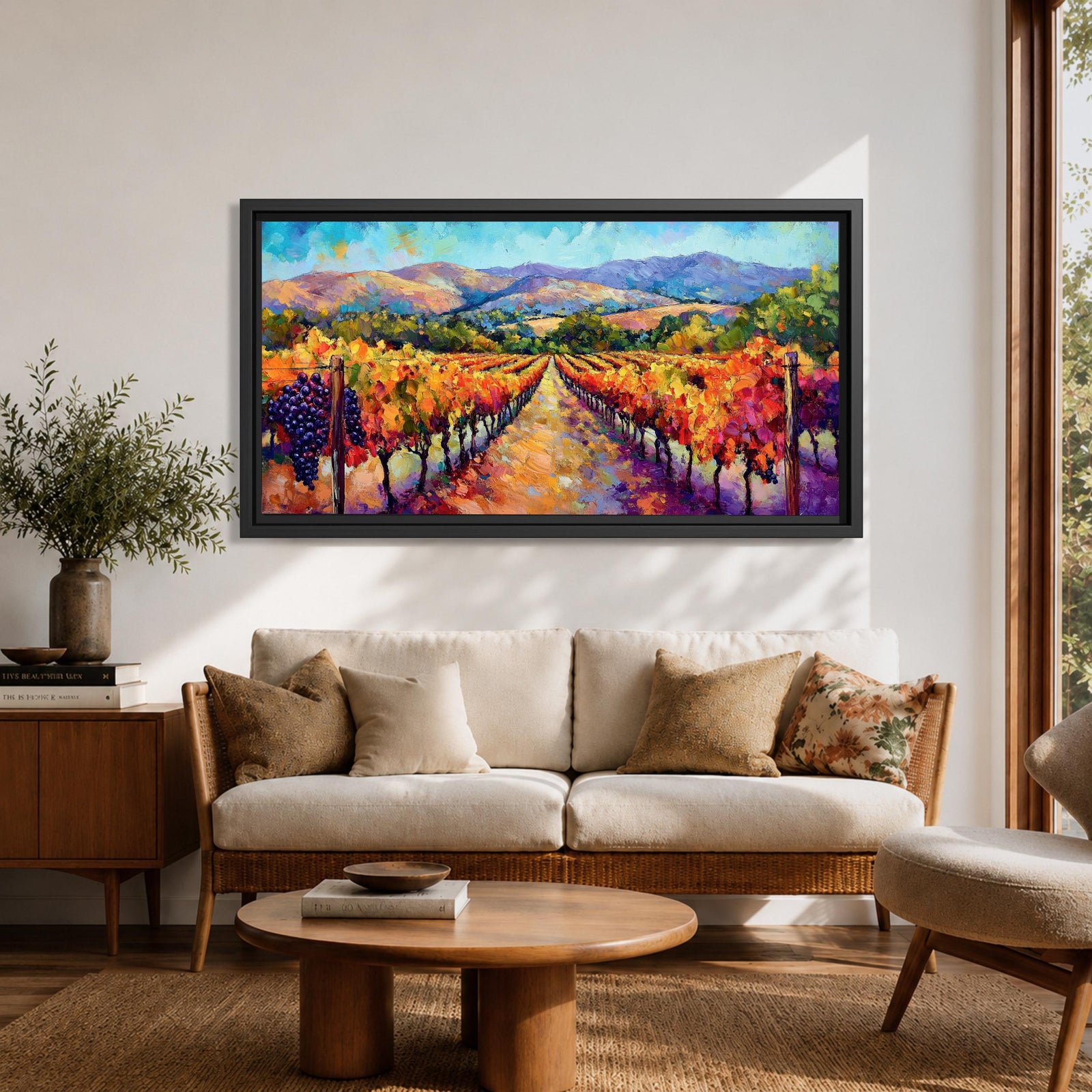 A panoramic vineyard landscape painting showing long rows of grapevines covered in red and golden autumn leaves stretching toward distant mountains beneath a bright sky. Purple grape clusters hang beside the vines while a central path leads through the field, capturing a colorful wine country valley with bold impressionist brushstrokes.