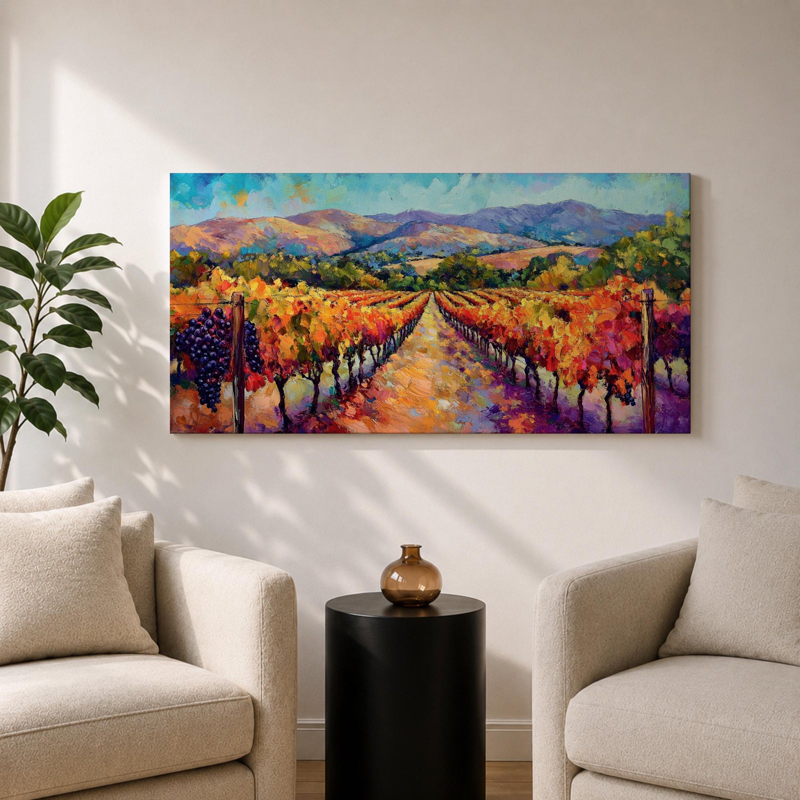 A panoramic vineyard landscape painting showing long rows of grapevines covered in red and golden autumn leaves stretching toward distant mountains beneath a bright sky. Purple grape clusters hang beside the vines while a central path leads through the field, capturing a colorful wine country valley with bold impressionist brushstrokes.