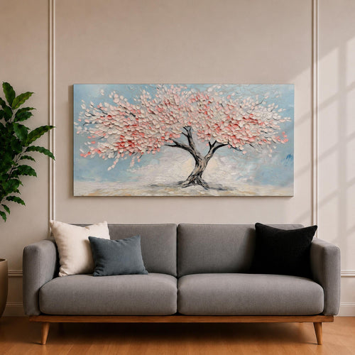 Panoramic textured painting of a cherry blossom tree with a twisting dark trunk and a wide canopy of soft pink blossoms spreading across a pale blue sky. Thick palette knife strokes create layered petals and raised textures, forming a calm spring landscape with delicate floral clusters and gentle pastel tones.