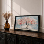 Panoramic textured painting of a cherry blossom tree with a twisting dark trunk and a wide canopy of soft pink blossoms spreading across a pale blue sky. Thick palette knife strokes create layered petals and raised textures, forming a calm spring landscape with delicate floral clusters and gentle pastel tones.