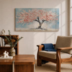 Panoramic textured painting of a cherry blossom tree with a twisting dark trunk and a wide canopy of soft pink blossoms spreading across a pale blue sky. Thick palette knife strokes create layered petals and raised textures, forming a calm spring landscape with delicate floral clusters and gentle pastel tones.