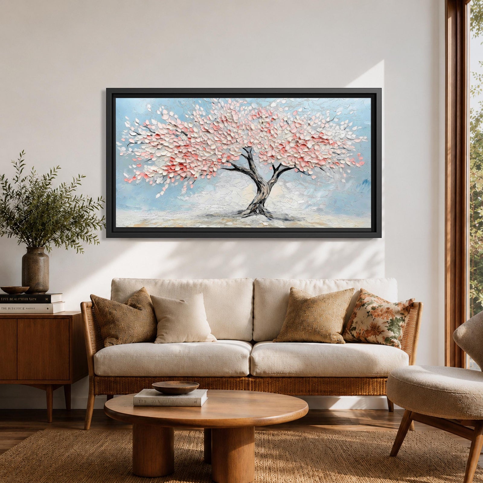 Panoramic textured painting of a cherry blossom tree with a twisting dark trunk and a wide canopy of soft pink blossoms spreading across a pale blue sky. Thick palette knife strokes create layered petals and raised textures, forming a calm spring landscape with delicate floral clusters and gentle pastel tones.