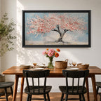 Panoramic textured painting of a cherry blossom tree with a twisting dark trunk and a wide canopy of soft pink blossoms spreading across a pale blue sky. Thick palette knife strokes create layered petals and raised textures, forming a calm spring landscape with delicate floral clusters and gentle pastel tones.