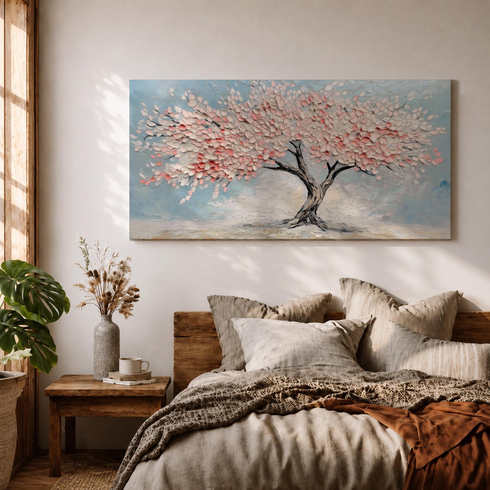 Panoramic textured painting of a cherry blossom tree with a twisting dark trunk and a wide canopy of soft pink blossoms spreading across a pale blue sky. Thick palette knife strokes create layered petals and raised textures, forming a calm spring landscape with delicate floral clusters and gentle pastel tones.