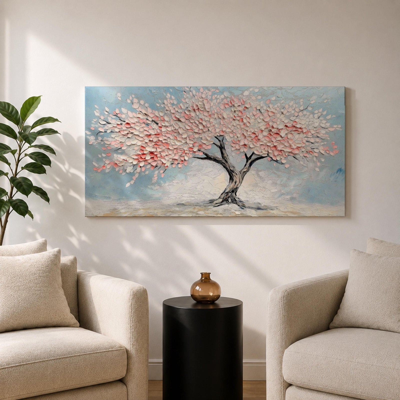 Panoramic textured painting of a cherry blossom tree with a twisting dark trunk and a wide canopy of soft pink blossoms spreading across a pale blue sky. Thick palette knife strokes create layered petals and raised textures, forming a calm spring landscape with delicate floral clusters and gentle pastel tones.